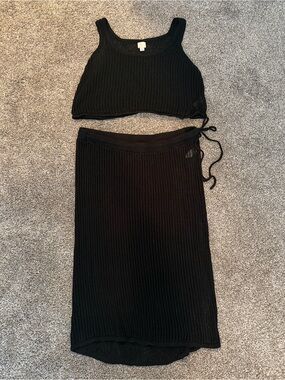 a new day Black Open-Knit Cropped Tank And Tie Skirt 2-piece Swim Cover Up